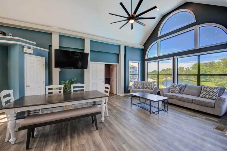 The modern and chic clubhouse at McCauly Crossing Apartments in Blue Ash.